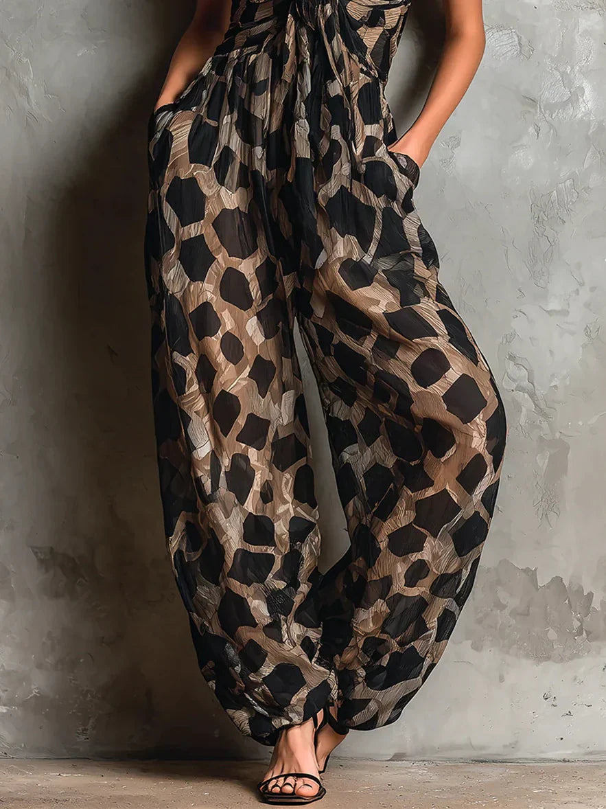 Jumpsuit donna animalier con nodo frontale e spalline sottili