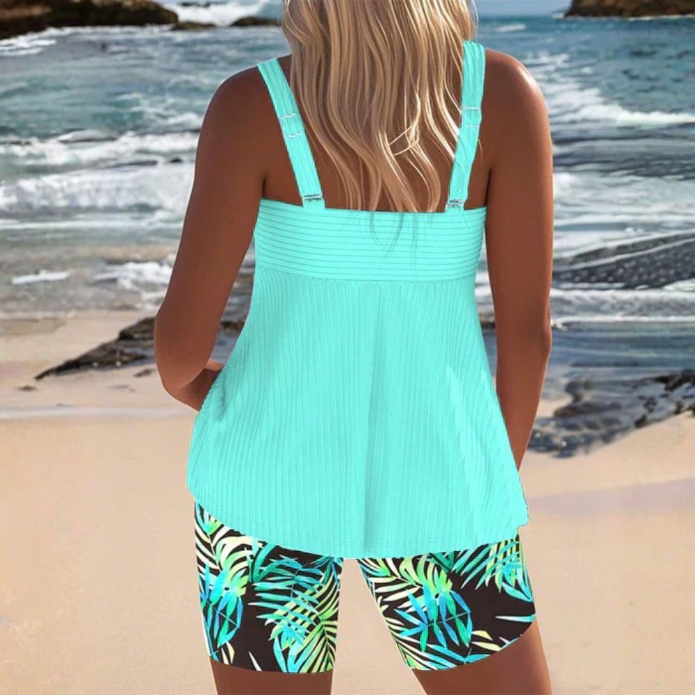 Tankini donna modellante a costine con shorts tropicali