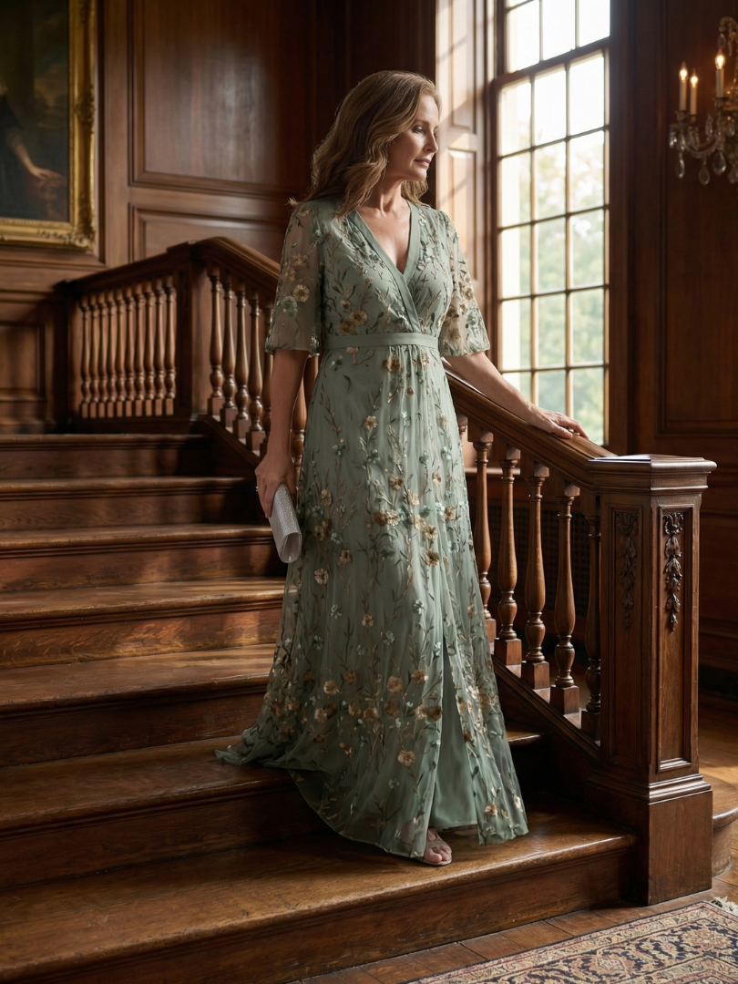 Abito lungo donna floreale elegante con scollo incrociato