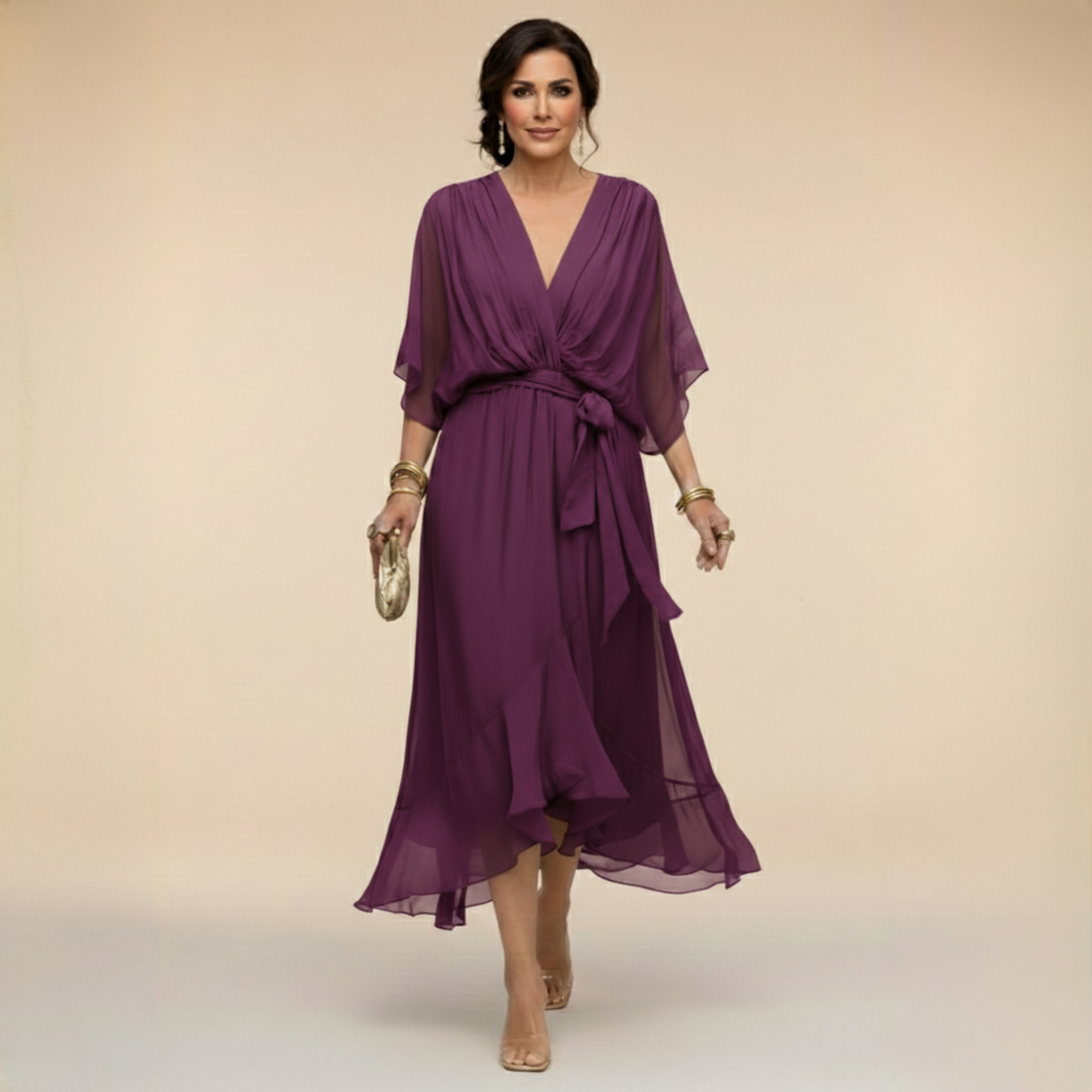 Abito midi da donna elegante in chiffon con scollo a V