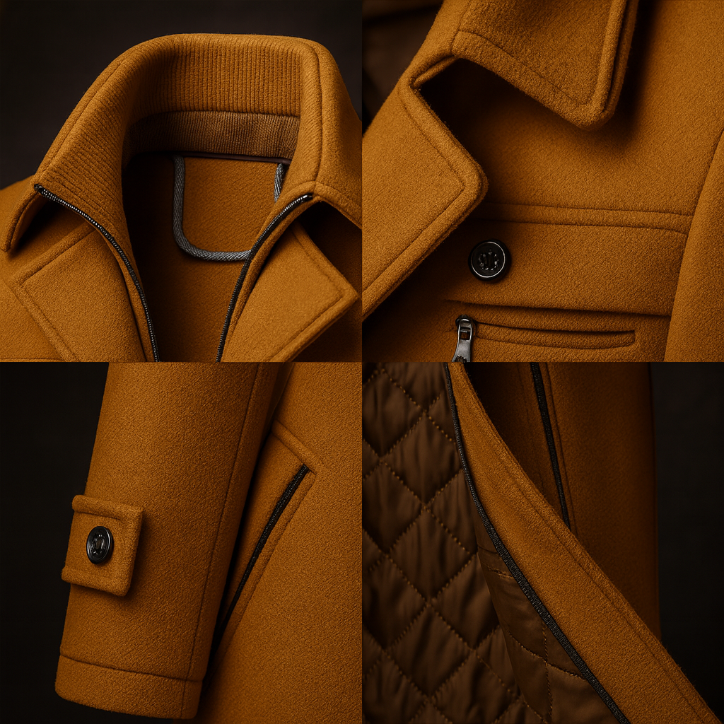 Cappotto uomo in lana con colletto alto e fodera trapuntata