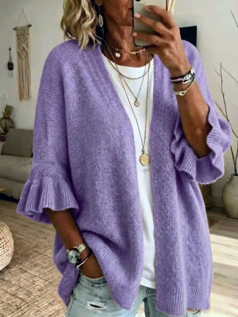 Cardigan donna aperto in maglia con maniche a volant