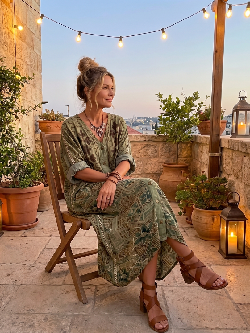 Abito midi donna bohemien con bottoni e stampa floreale