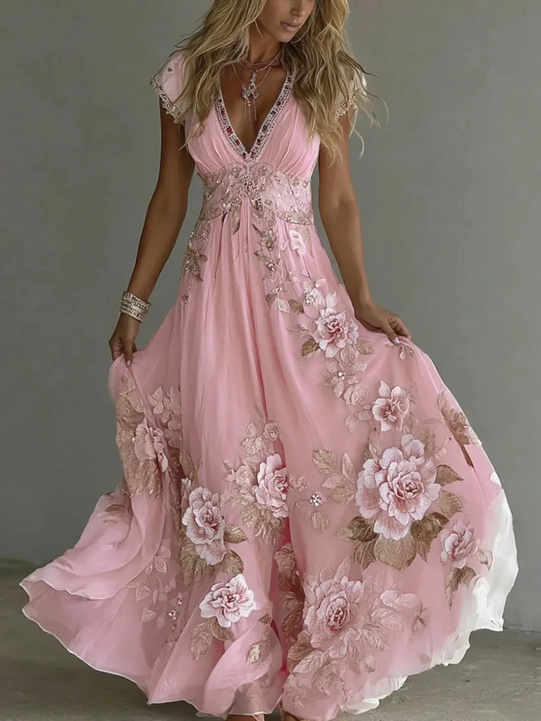 Abito donna lungo in chiffon con pizzo ricamato floreale