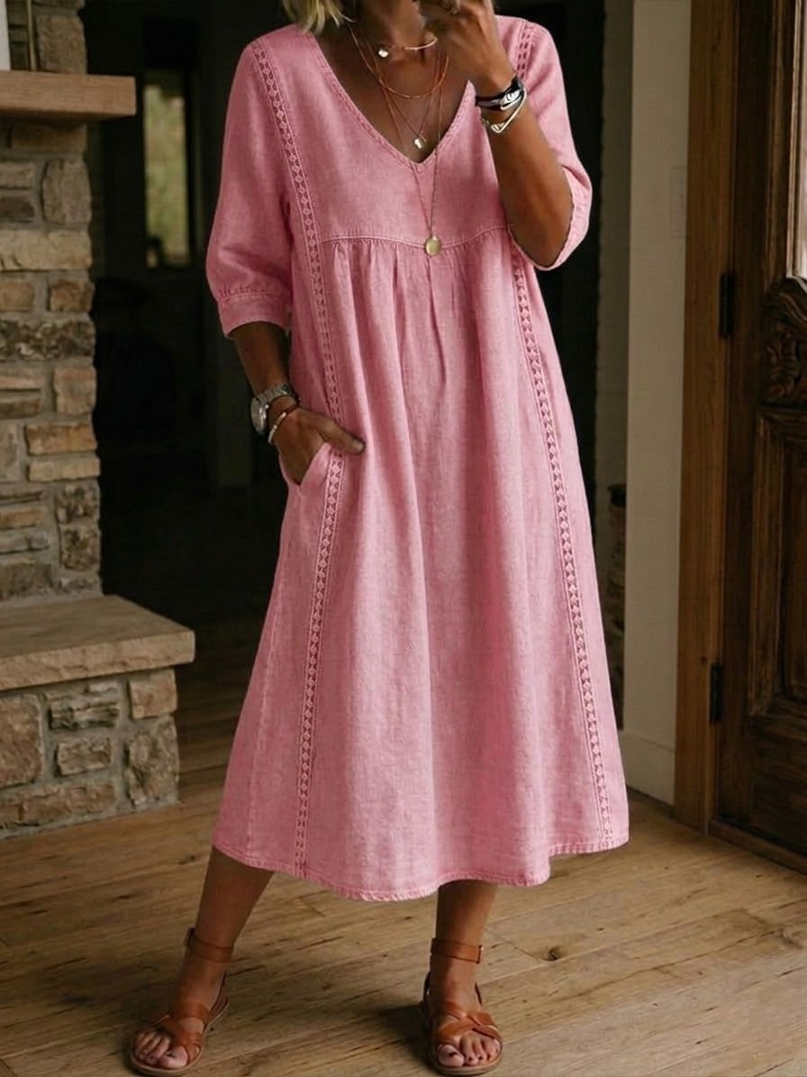 Abito midi donna in cotone lino con pizzo e tasche