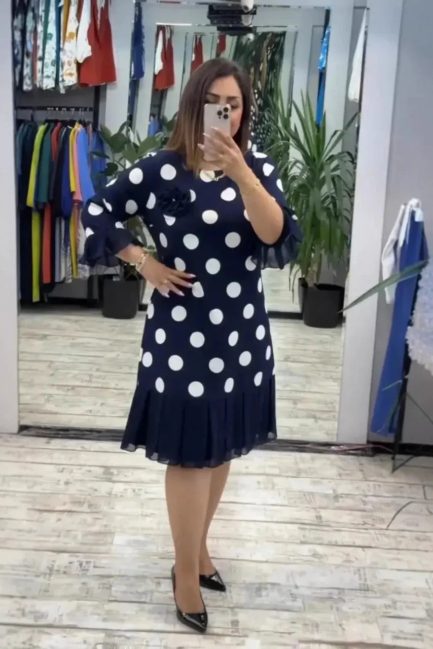 Abito donna a pois con gonna plissettata e linea ad A