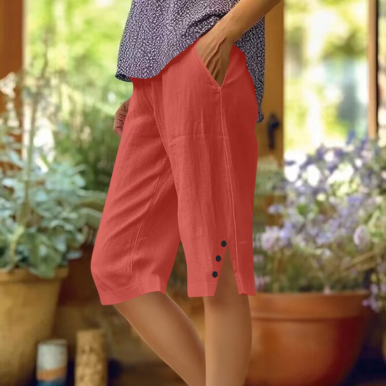 Pantaloni capri donna leggeri con tasche laterali