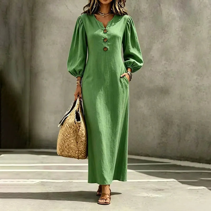 Abito maxi donna con scollo a V e maniche a sbuffo