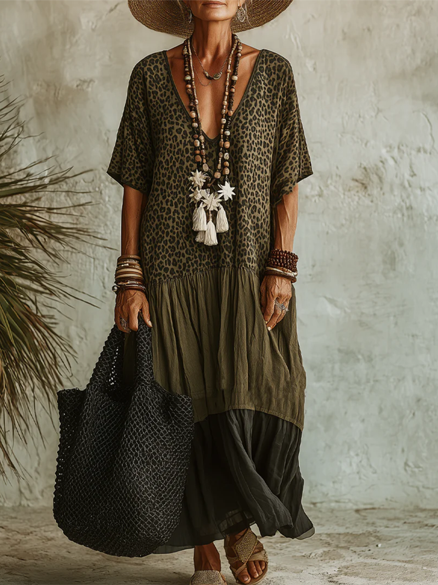 Abito midi da donna boho con stampa leopardata