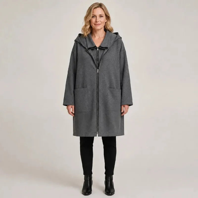 Giacca lunga donna con cappuccio, zip e tasche frontali