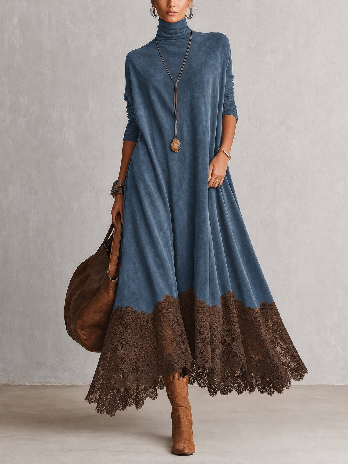 Abito maxi donna effetto suede con collo alto e bordo in pizzo