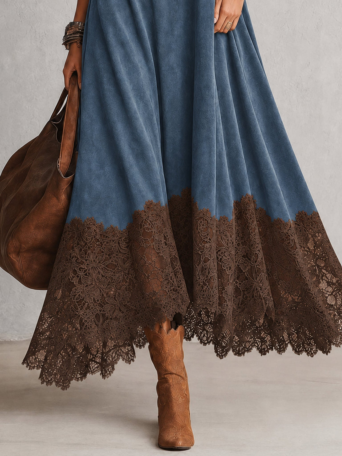 Abito maxi donna effetto suede con collo alto e bordo in pizzo