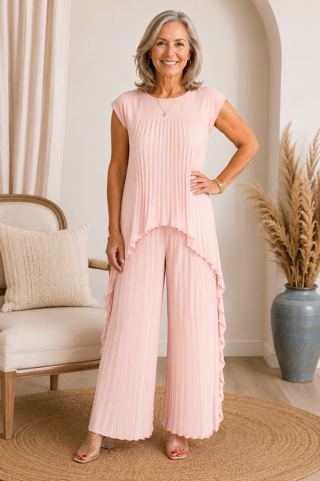 Completo donna plissettato con top asimmetrico e pantaloni larghi