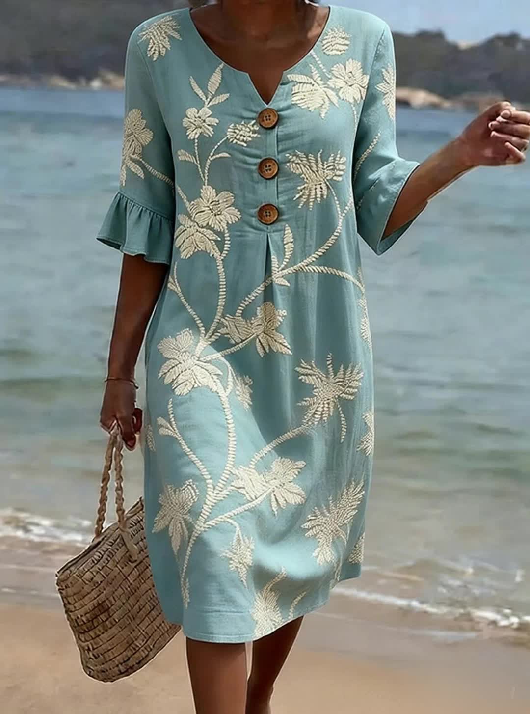 Abito donna in cotone floreale con maniche 3/4