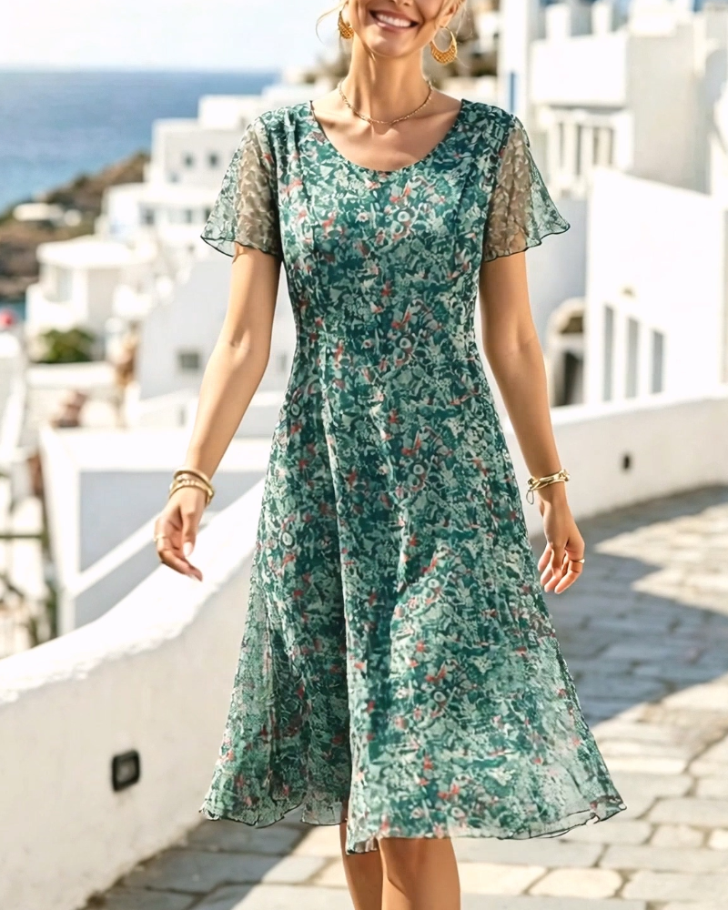 Abito donna floreale A-line con maniche corte