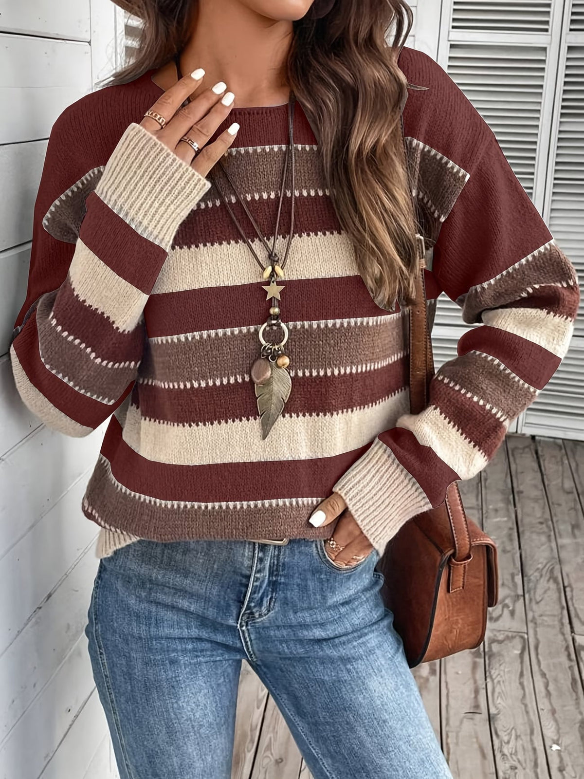 Maglione donna a righe colorblock con girocollo e maniche lunghe