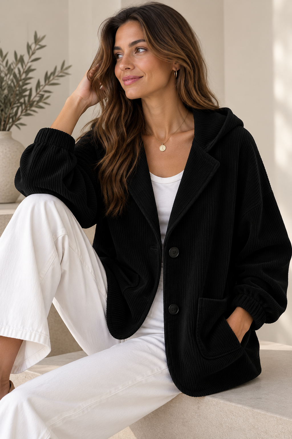 Giacca donna oversize in velluto a coste con cappuccio