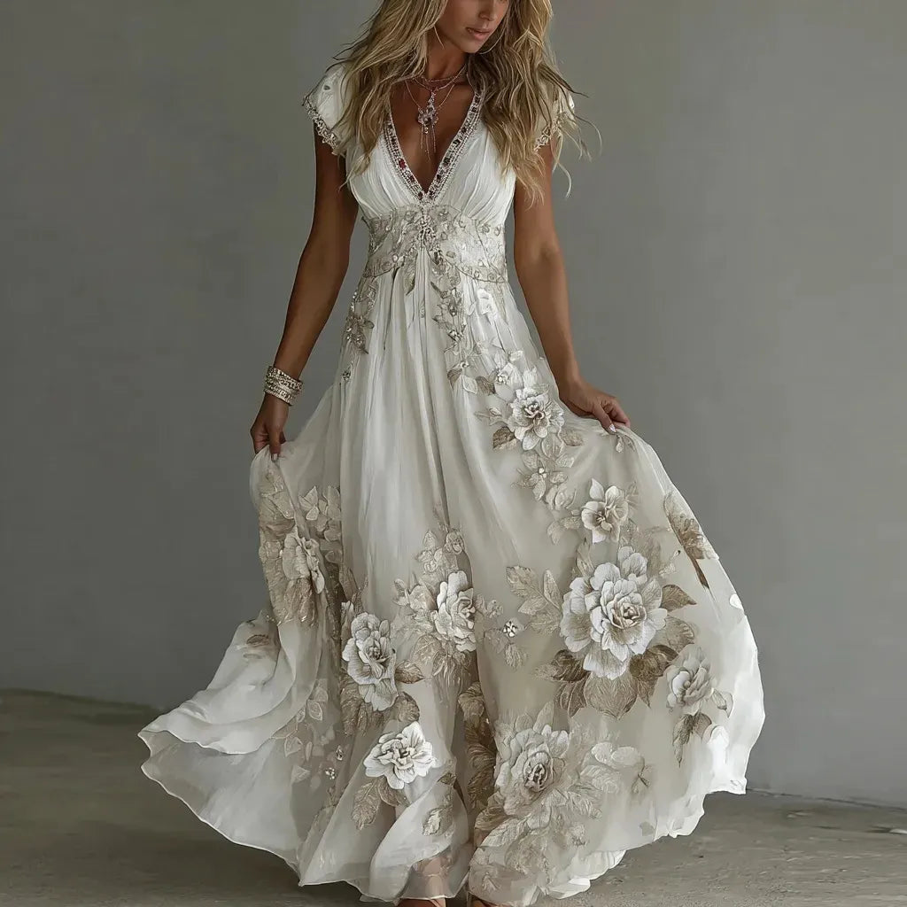 Abito donna lungo in chiffon con pizzo ricamato floreale