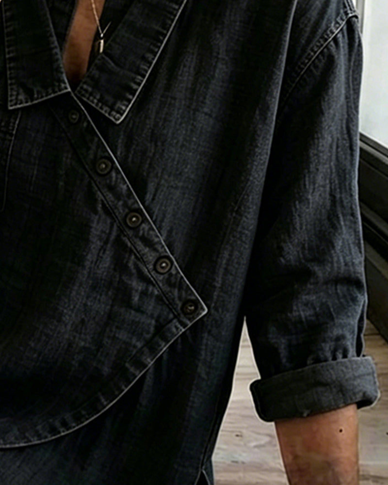 Blusa donna effetto denim con bottoni diagonali