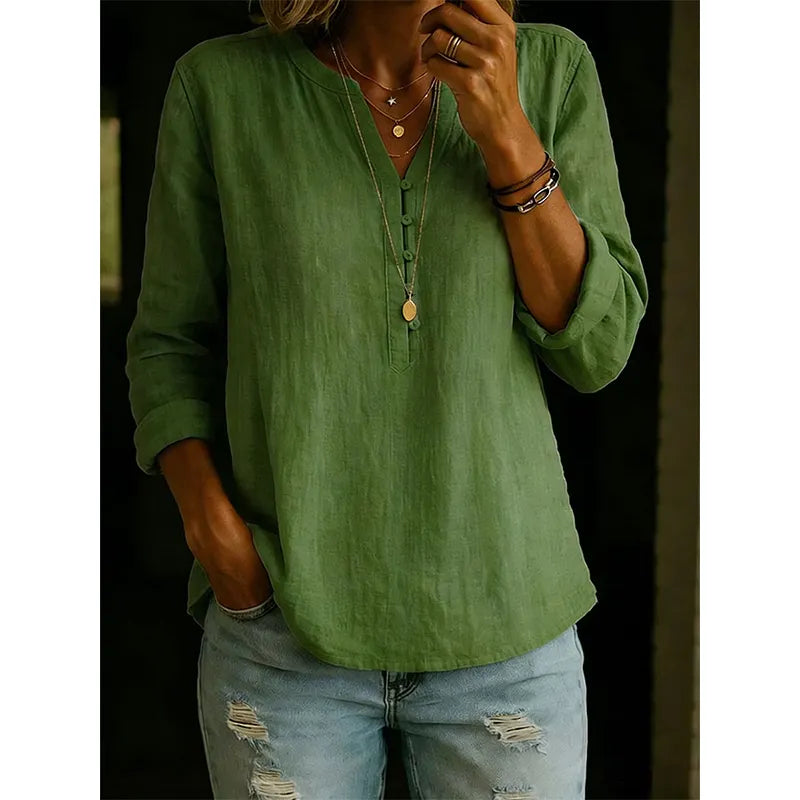 Camicia donna ampia con collo a V e bottoni