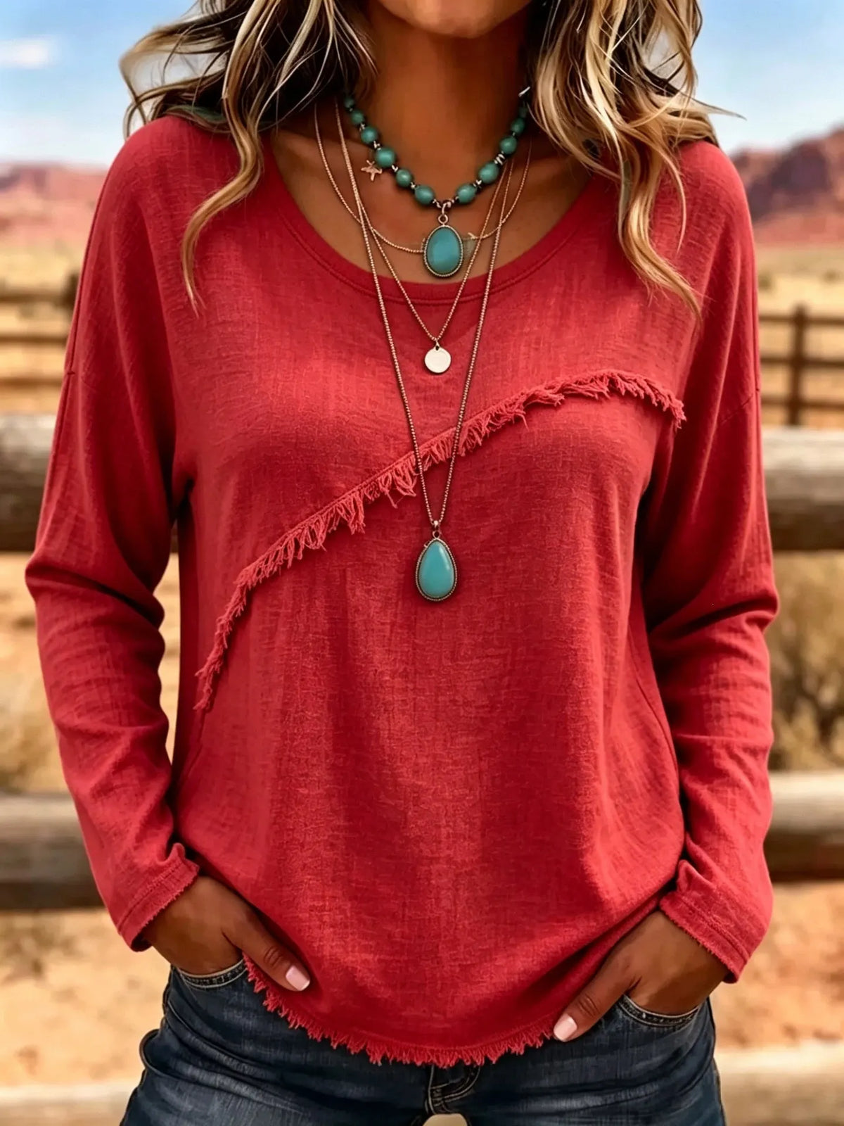 Blusa donna bohémien con frange e collo rotondo