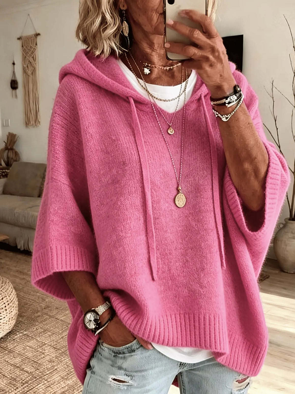Maglione donna oversize con cappuccio e maniche ampie