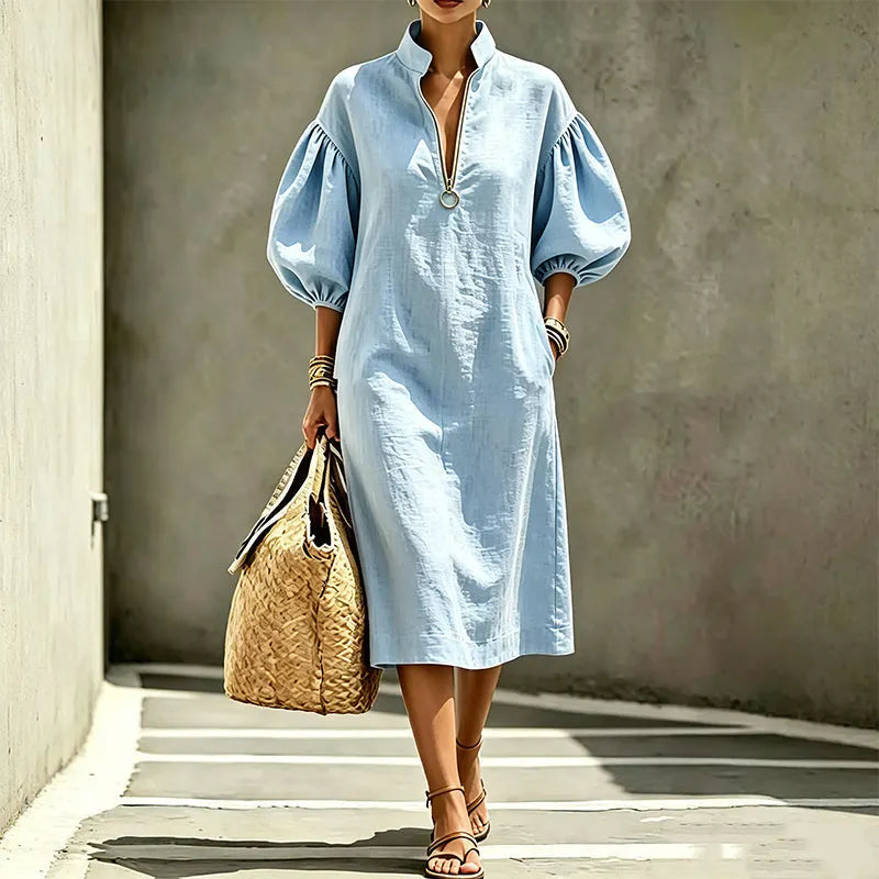Abito midi donna A-line con maniche a sbuffo e zip