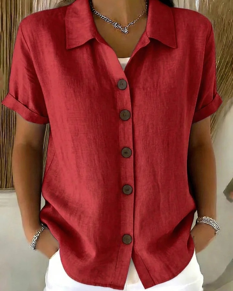 Blusa donna verde con bottoni e maniche corte