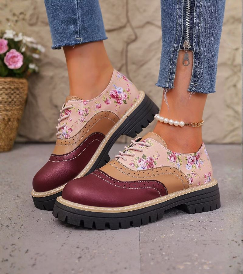 Scarpe Oxford donna floreali con suola platform e lacci