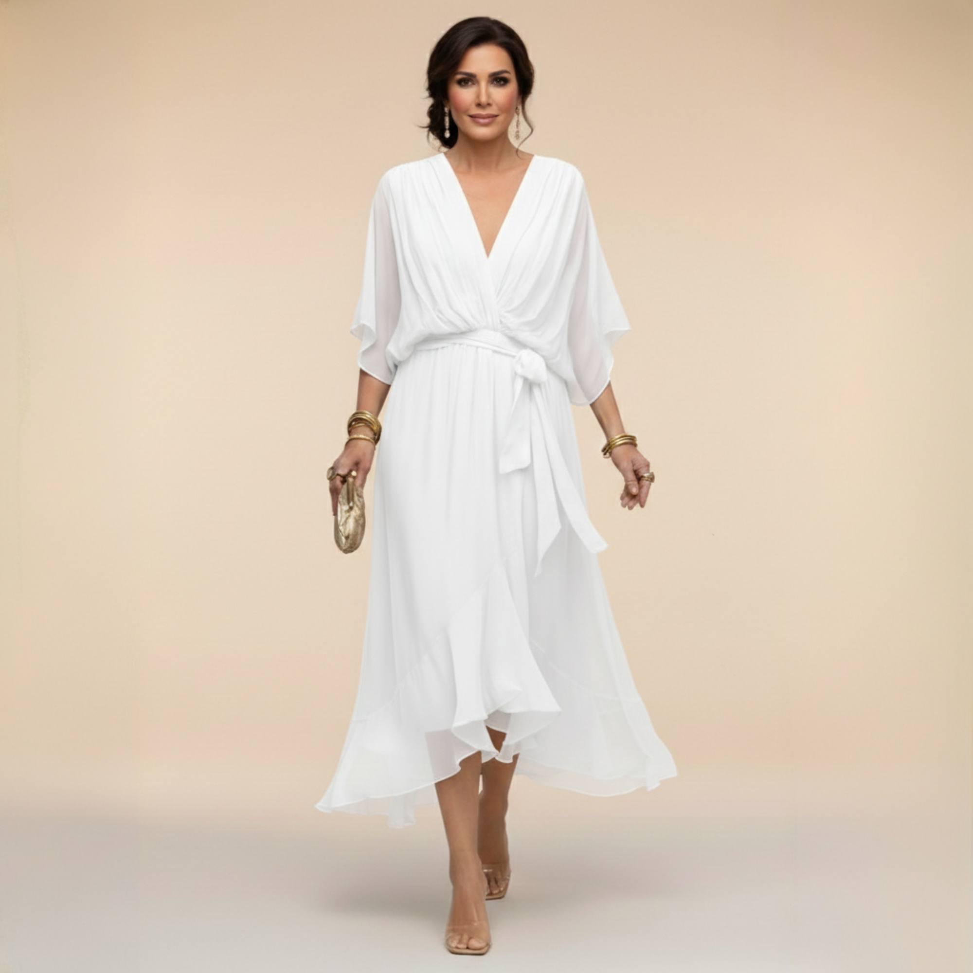 Abito midi da donna elegante in chiffon con scollo a V