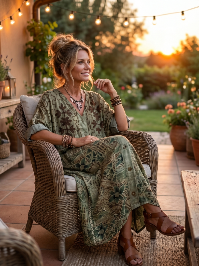 Abito midi donna bohemien con bottoni e stampa floreale