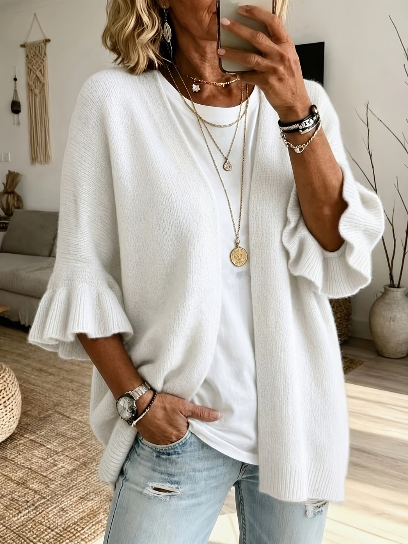 Cardigan donna aperto in maglia con maniche a volant