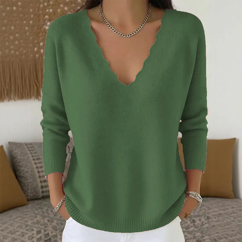 Maglione donna con scollo a V e bordo ondulato