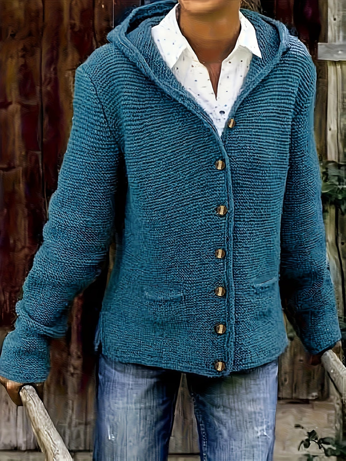 Cardigan donna in maglia spessa con cappuccio e bottoni