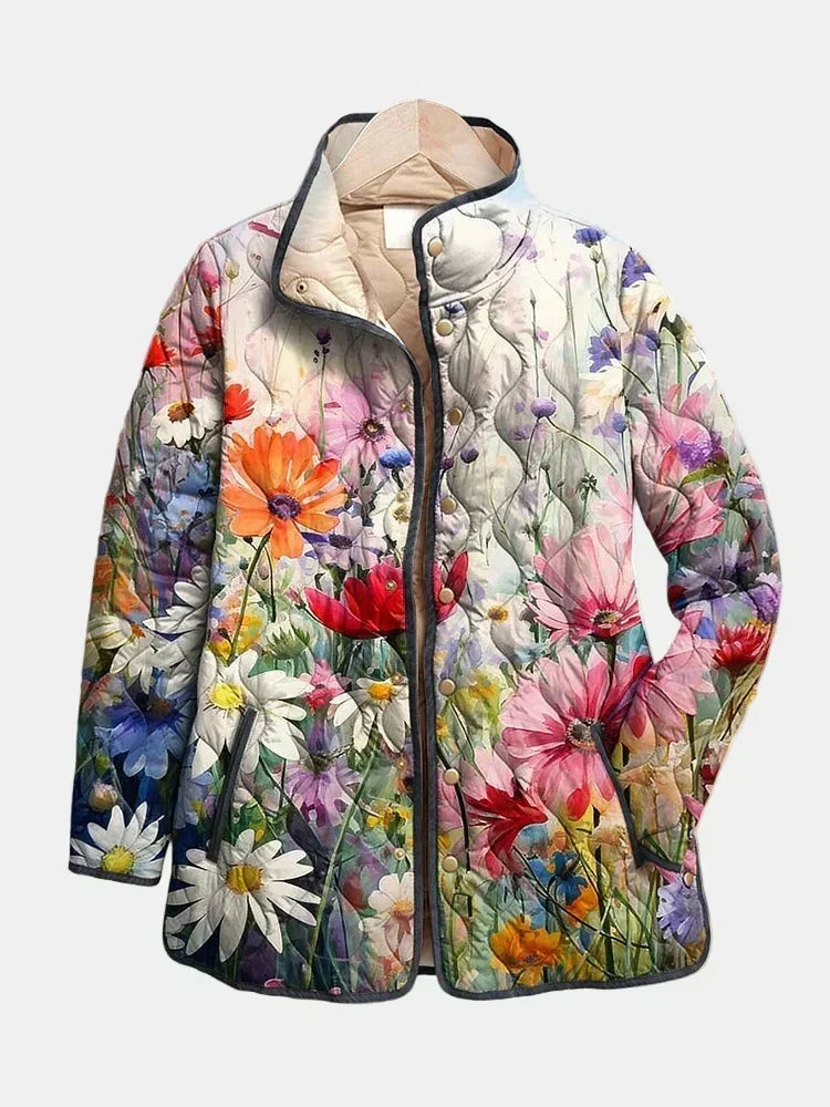 Giacca trapuntata floreale da donna con chiusura a bottoni