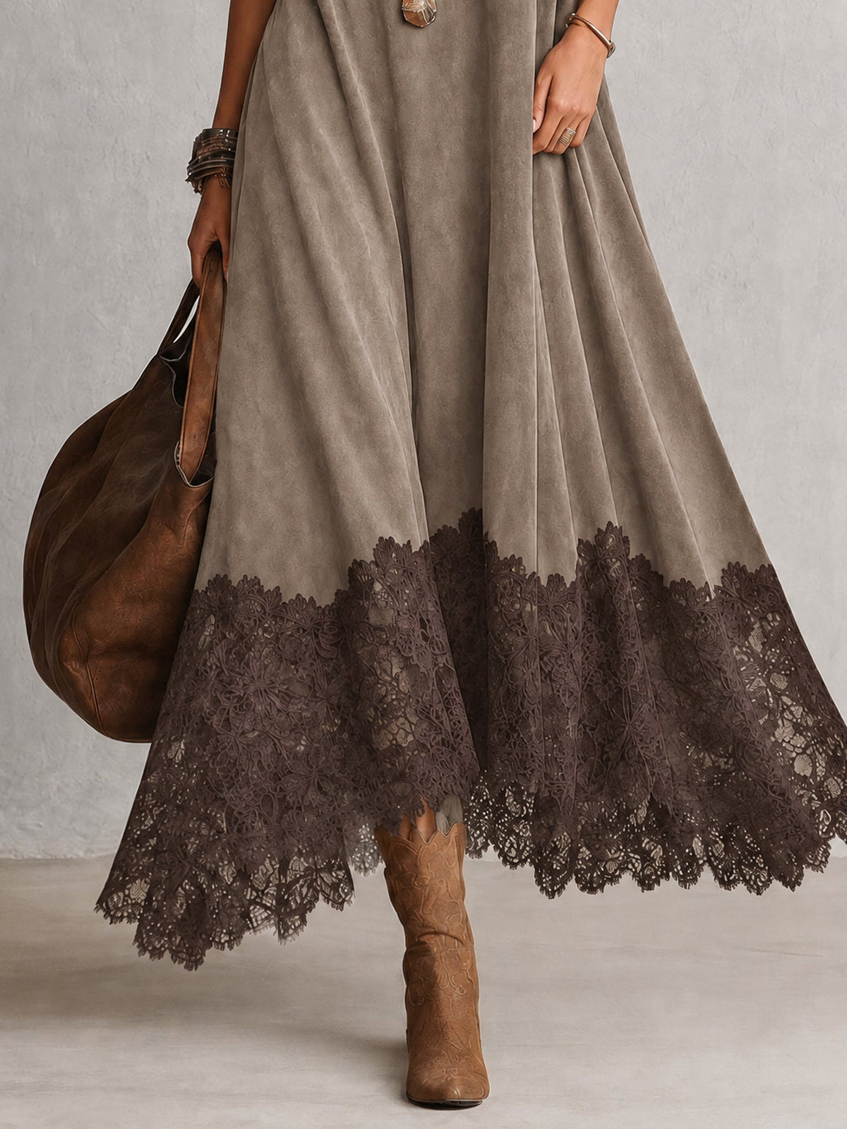 Abito maxi donna effetto suede con collo alto e bordo in pizzo