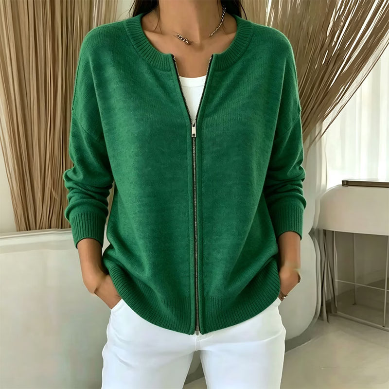 Cardigan donna in maglia con zip e collo rotondo