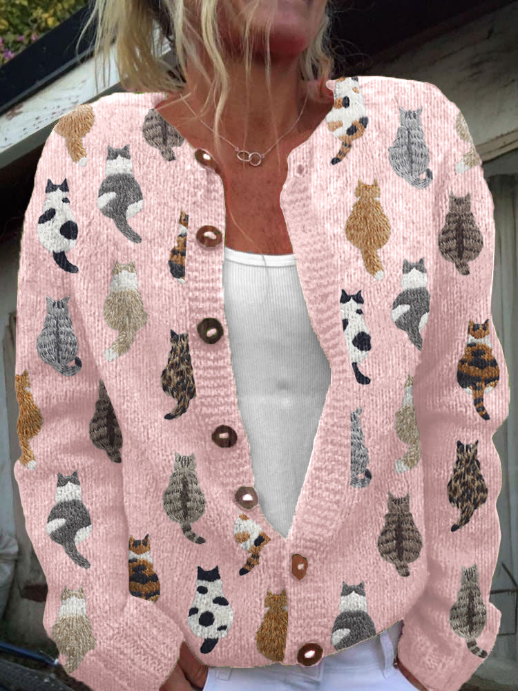 Cardigan donna in maglia con motivo felino e bottoni