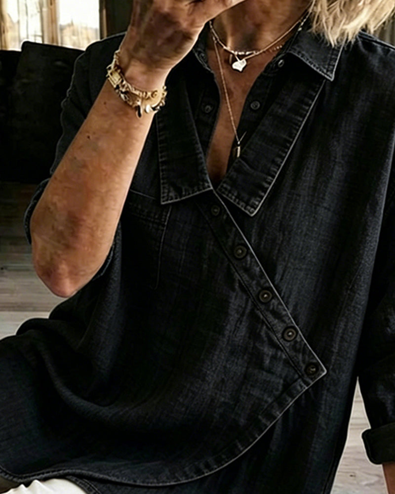 Blusa donna effetto denim con bottoni diagonali