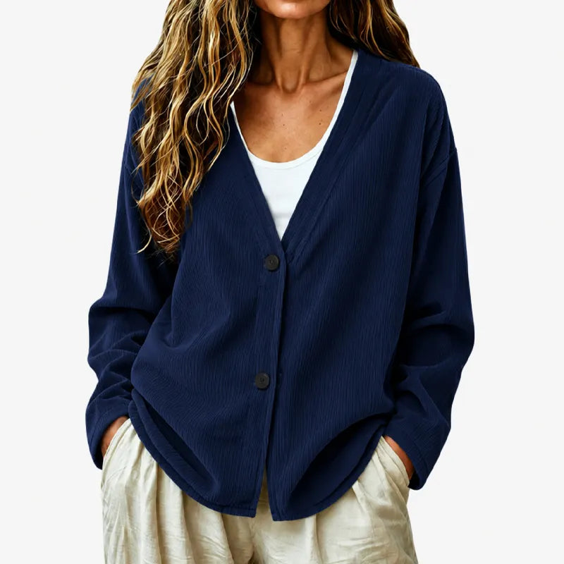 Cardigan donna a coste con scollo a V e bottoni