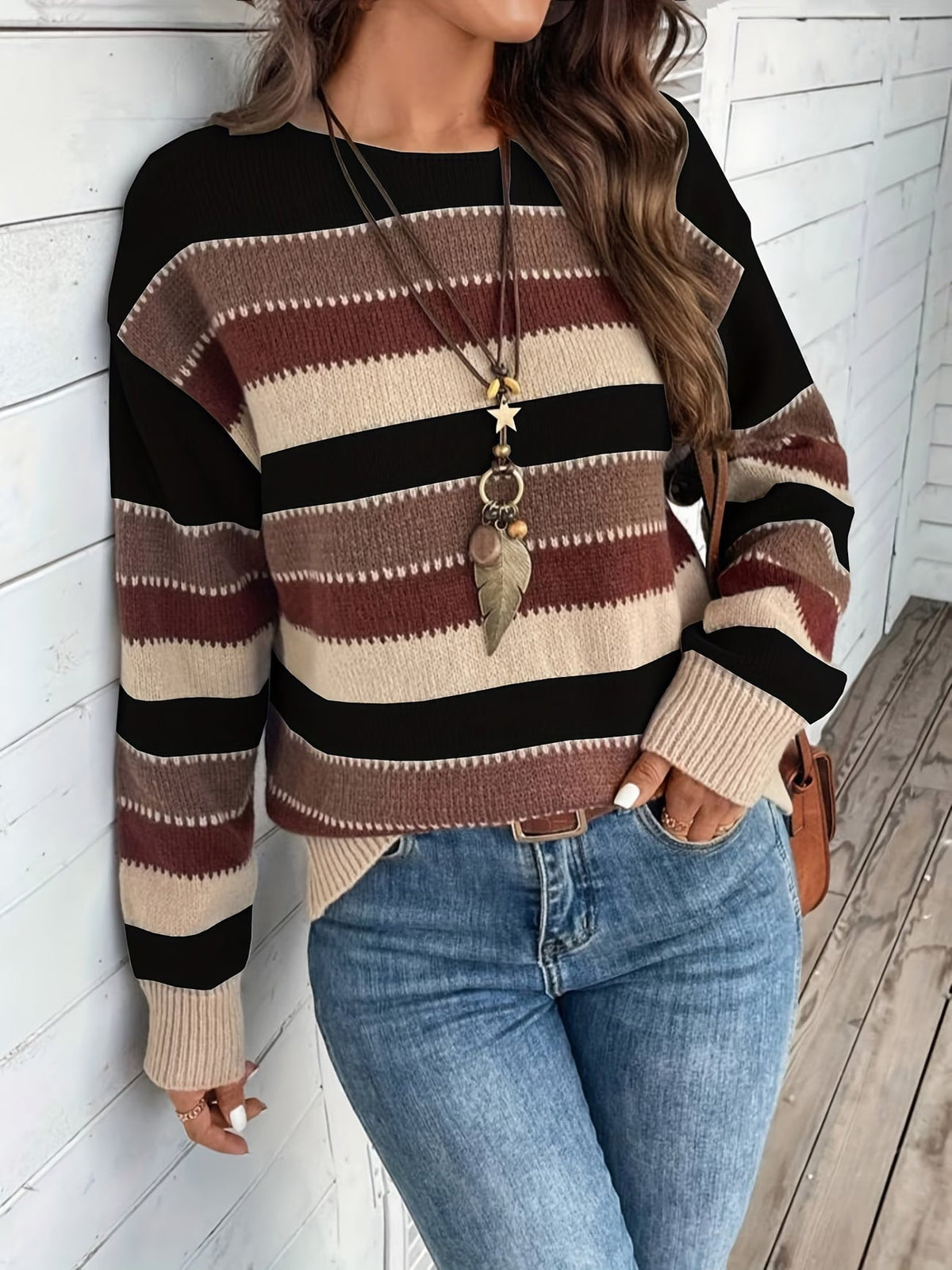 Maglione donna a righe colorblock con girocollo e maniche lunghe
