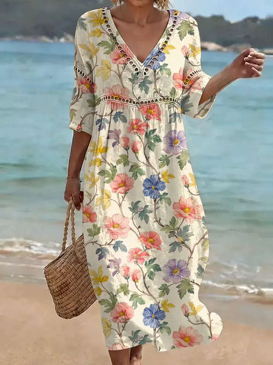 Abito midi donna cotone lino con stampa floreale e collo a V