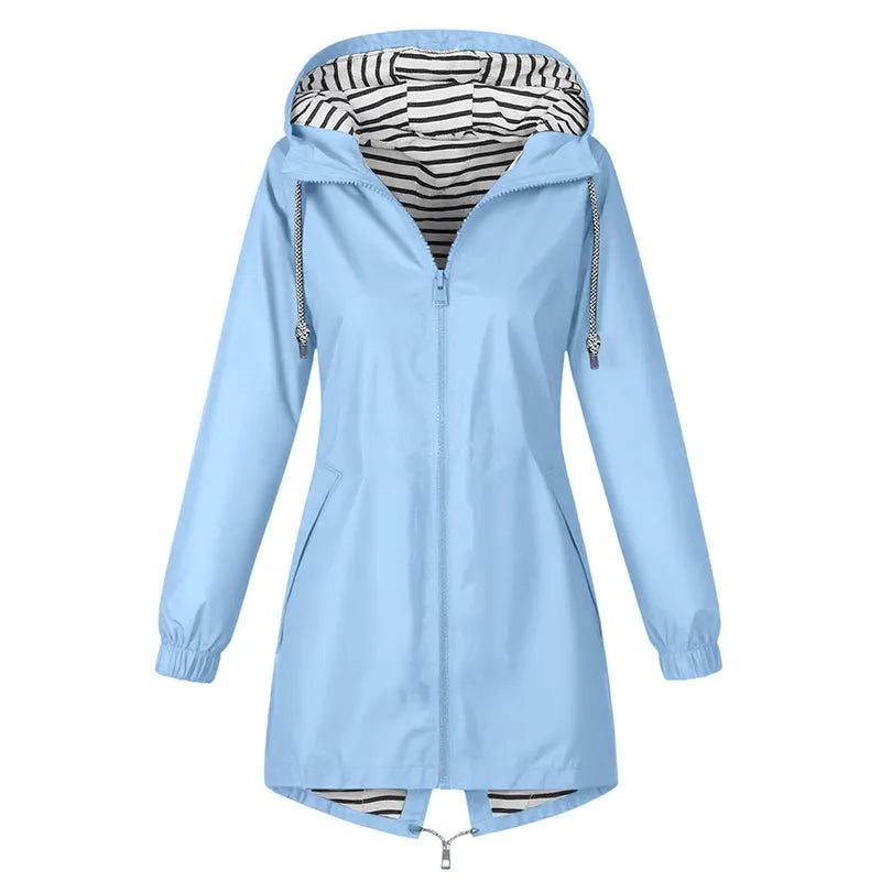 Impermeabile donna lungo con cappuccio e fodera a righe