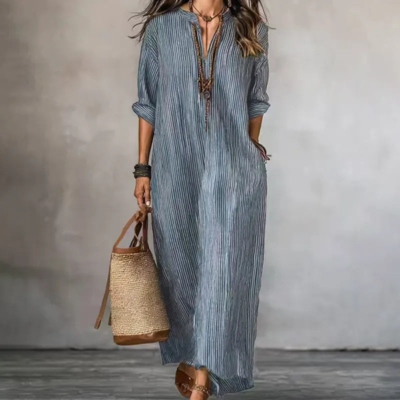 Abito maxi donna a righe con scollo a V e tasche