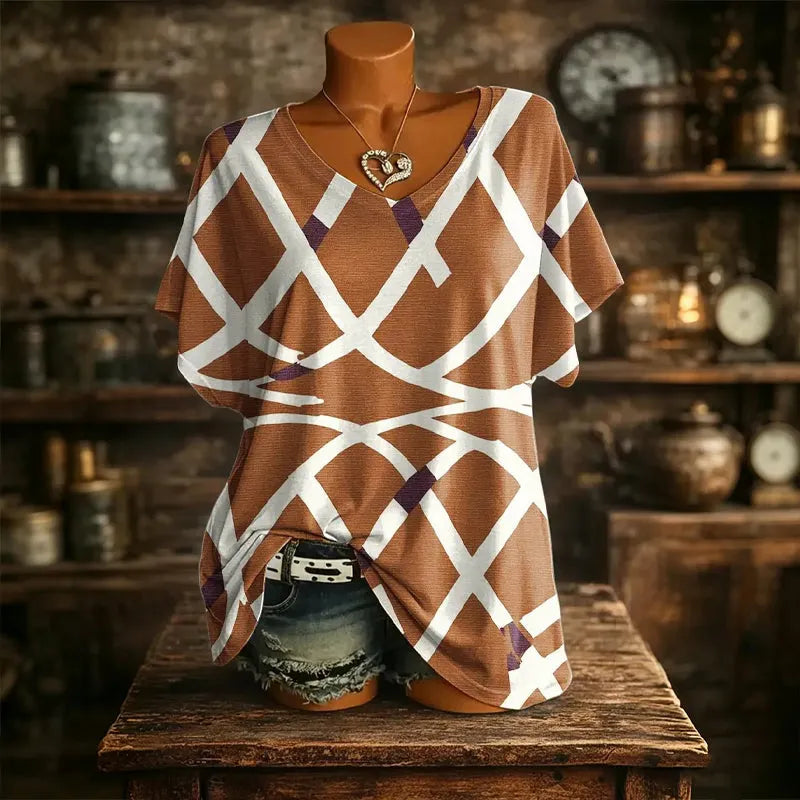 T-shirt donna stampata con scollo a V