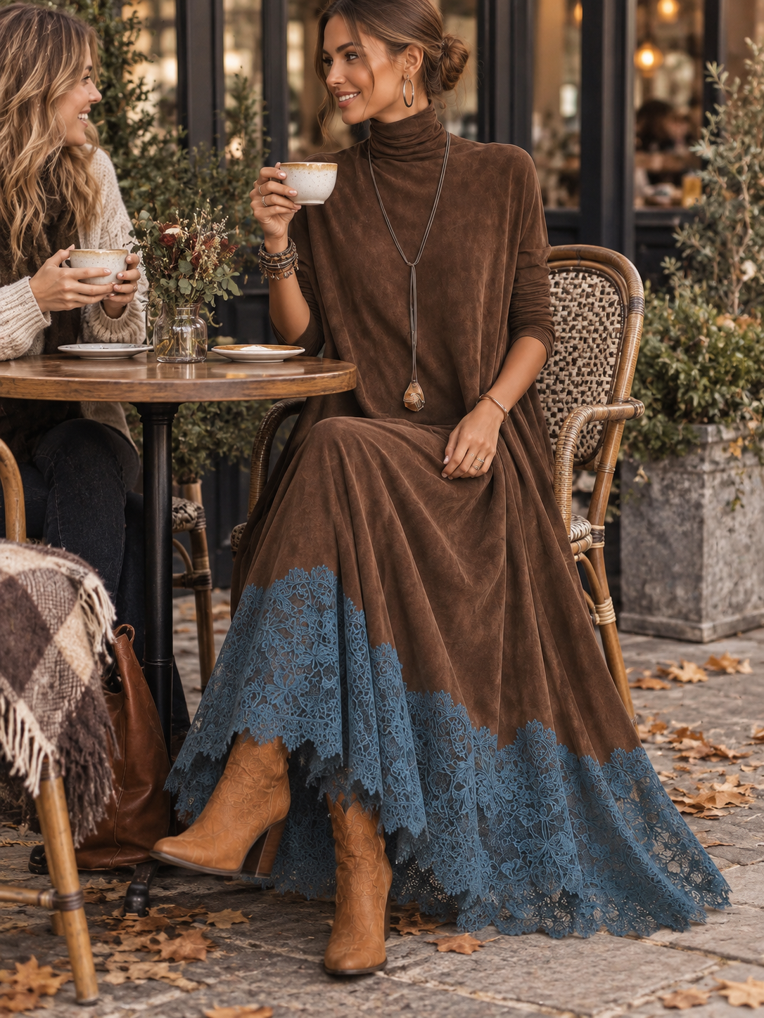 Abito maxi donna effetto suede con collo alto e bordo in pizzo