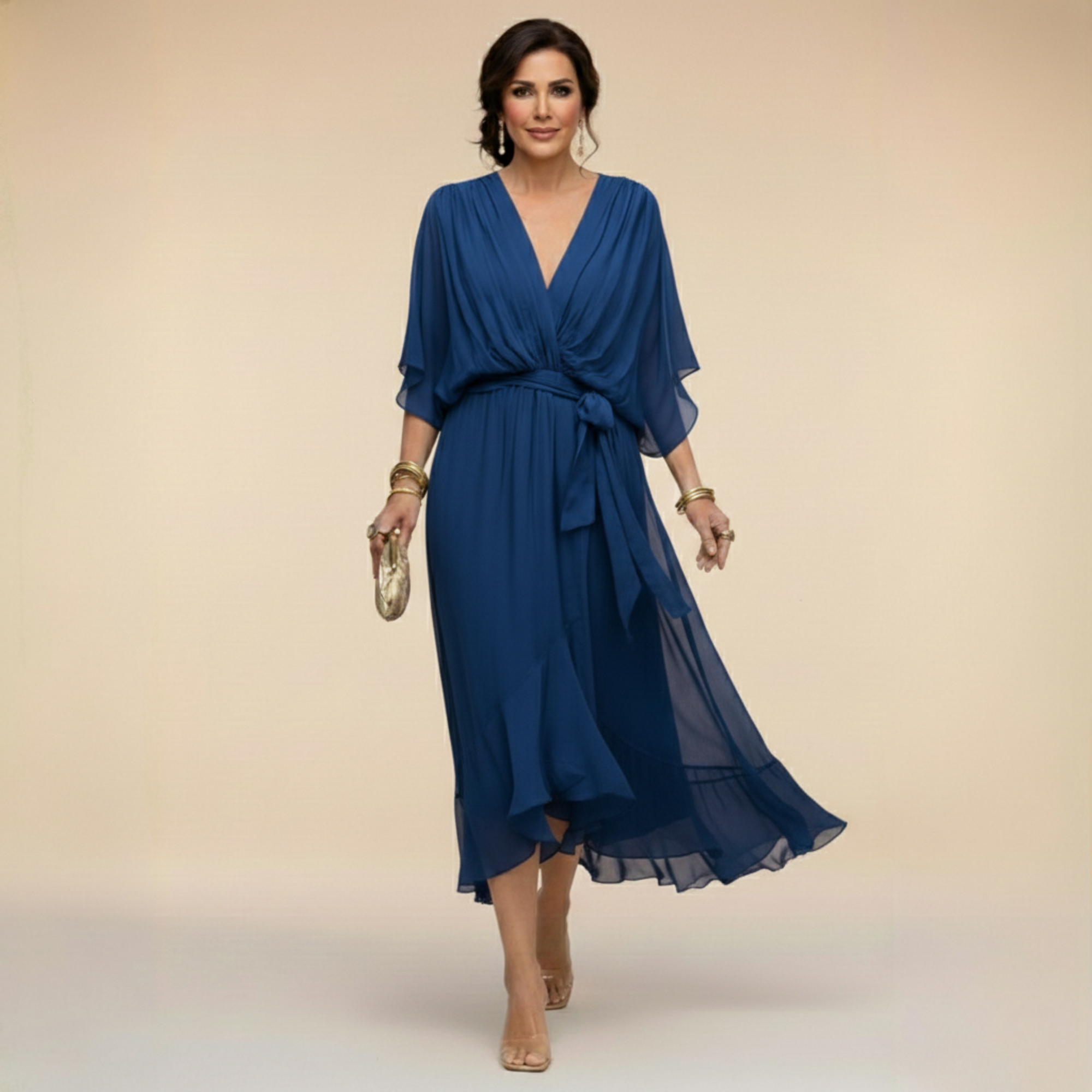 Abito midi da donna elegante in chiffon con scollo a V