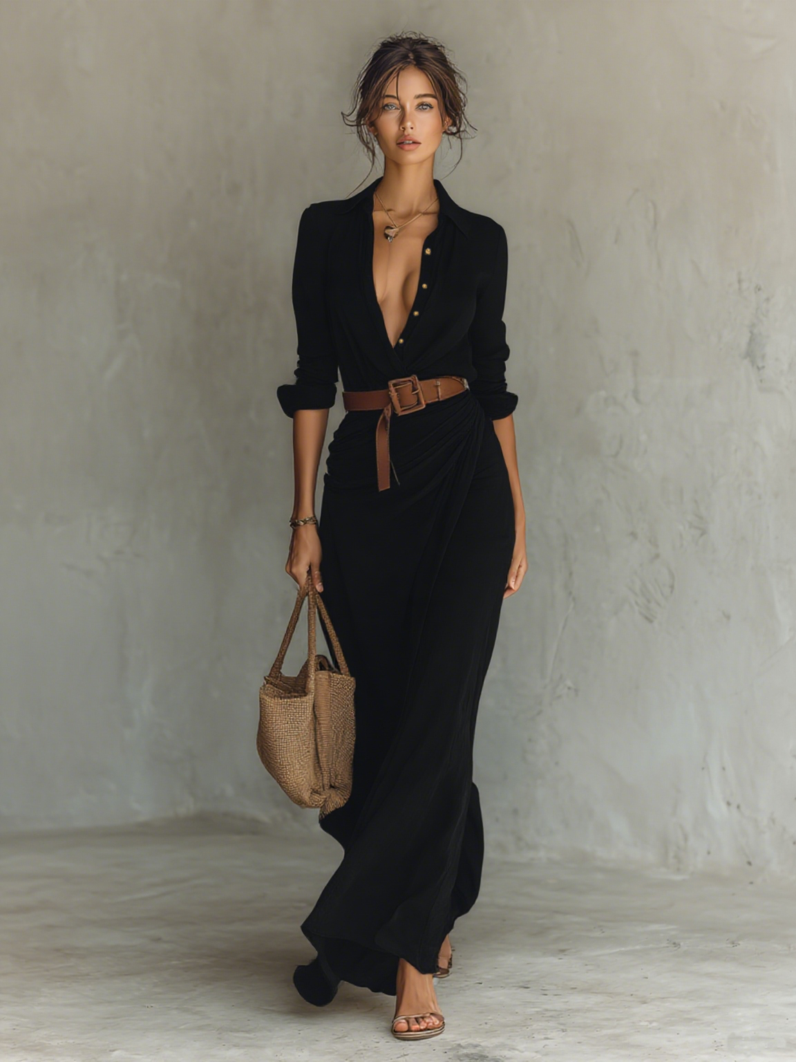 Abito maxi donna stile camicia con cintura in vit