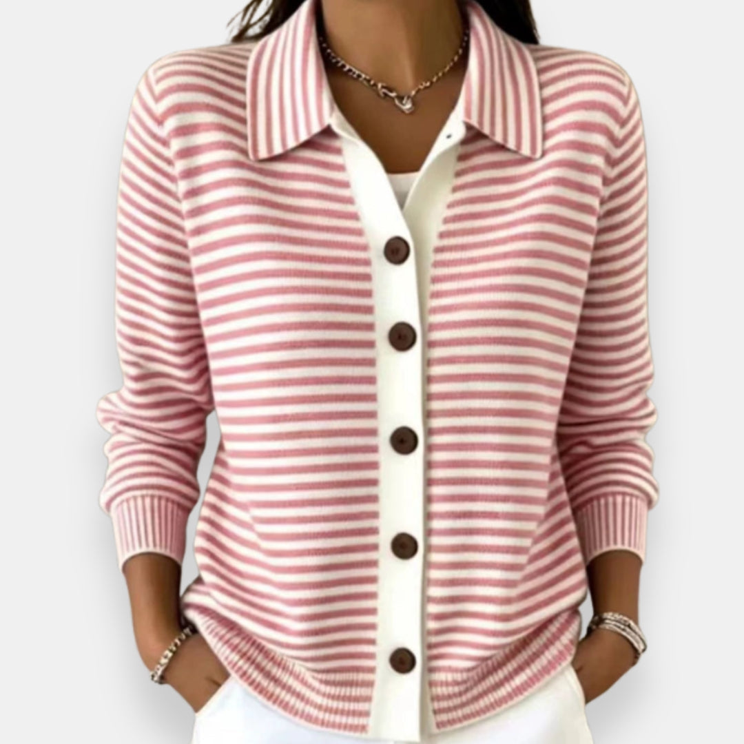 Cardigan donna a righe con bottoni e colletto classico