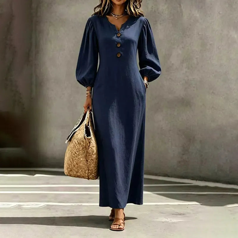 Abito maxi donna con scollo a V e maniche a sbuffo
